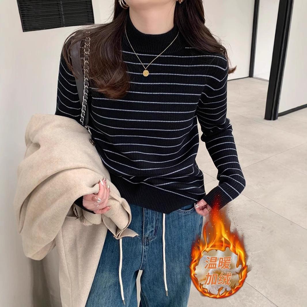 

Вязаный свитер на осень/зиму для женщин с полувысоким воротником, полосатый цветной свитер для женщин 3XL