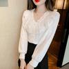 V-neck Long Sleeve Pleated Ruffled Lace Blouse 2023 Elegant Women Sweet Simple Chiffon Shirt Ladies Casual Loose Top Mujer 29723