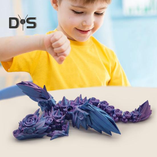 3D Printed Rose Dragon 8.46" Articulated Fidget Dragon Toy with Flexible Joints Desk Decor Winged Rose Dragon for Home Office School