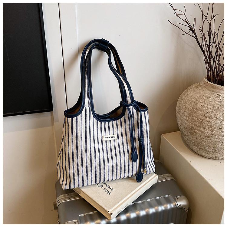 IELGY Casual Large-Capacity Striped Canvas Commuter All-Match Tote Bucket Bag