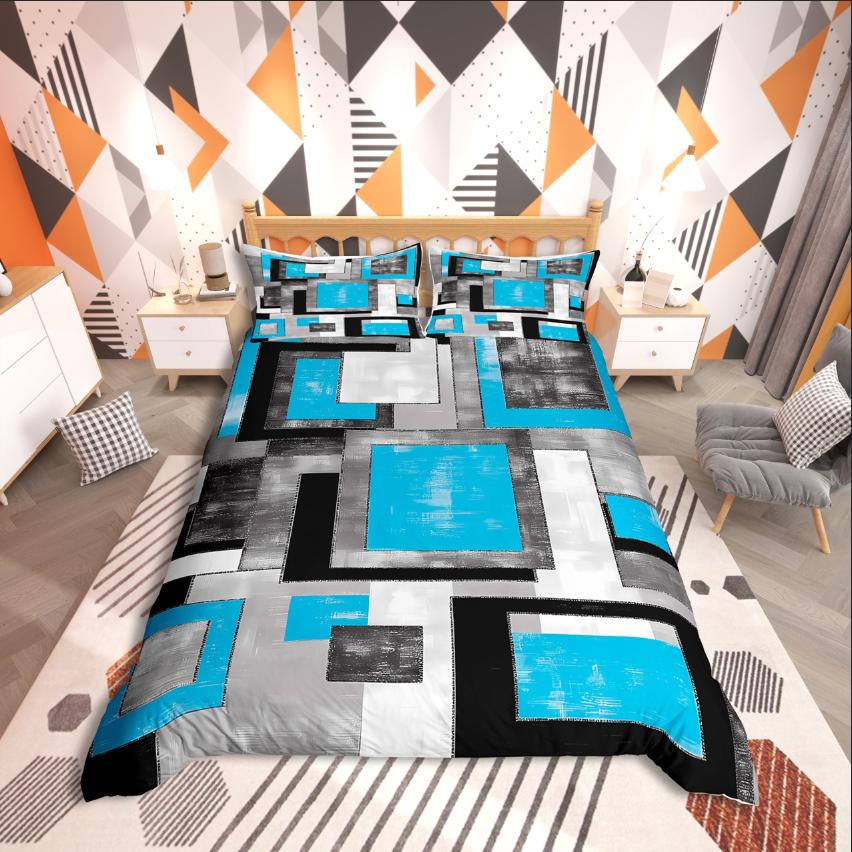 Homewish Geometric Rectangle Stripes Duvet Cover Set,Mid Century for Teens Bedding Set,Abstract Vintage Decor