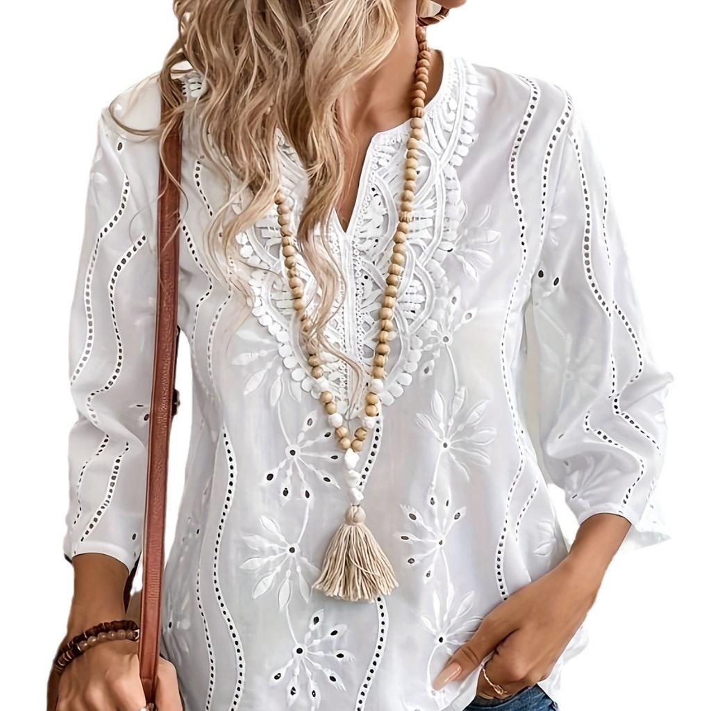 Women's Eyelet Embroidery 3/4 Sleeve Summer Notched Neck Boho Blouse Top