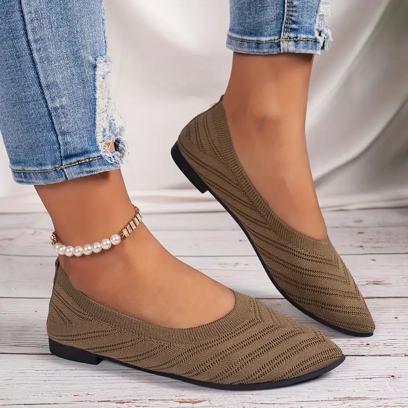 Women's Knitted Flat Shoes Comfy Breathable Solid Color Pointed Toe Shoes Casual Lightweight Slip On Flats