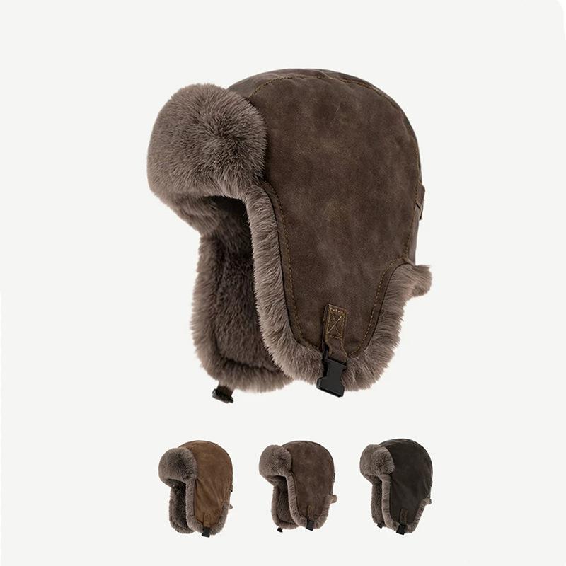 Lei Feng Hat Women's Autumn and Winter Thickened Warm PU Leather Plush Hat Outdoor Skiing Cold Ear Protection Hat Flying Hat