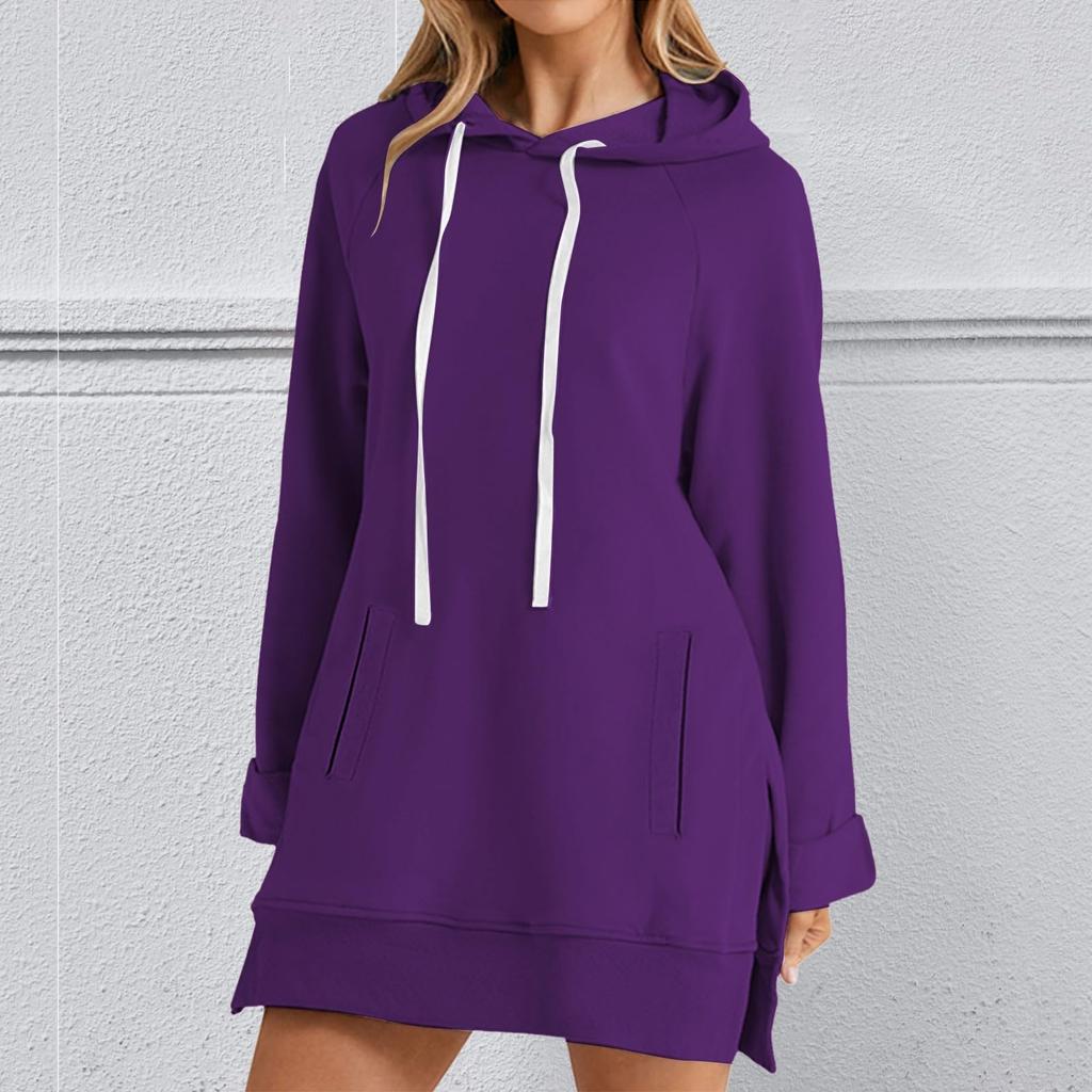 Women's Fashion Hooded Pocket Split-Hem Fleece-Lined Long-Sleeve Pullover Sweatshirt