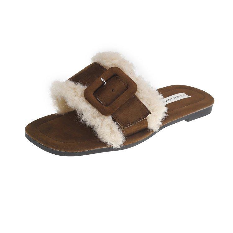 

High-end square head fluffy slippers women wear new French temperament in autumn, fairy evening with skirt one-word drag 40 верблюд