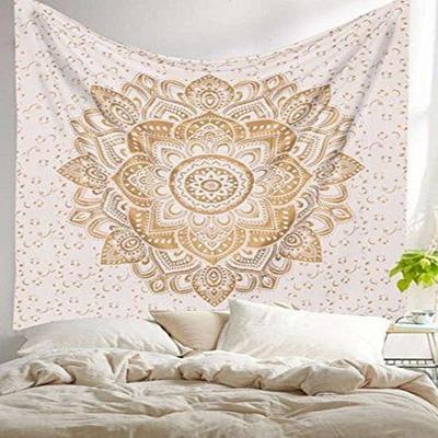 Tapestry Lotus Mandala White Gold Wall Hanging from India Boho Walldecor, Handmade In India, 100% Cotton ,Queen