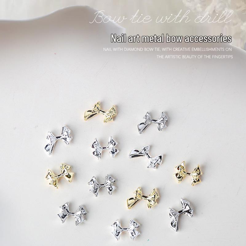 

3D Japanese Bowknot Nail Charms: Gold & Silver Ribbon Decorations (10 pcs)