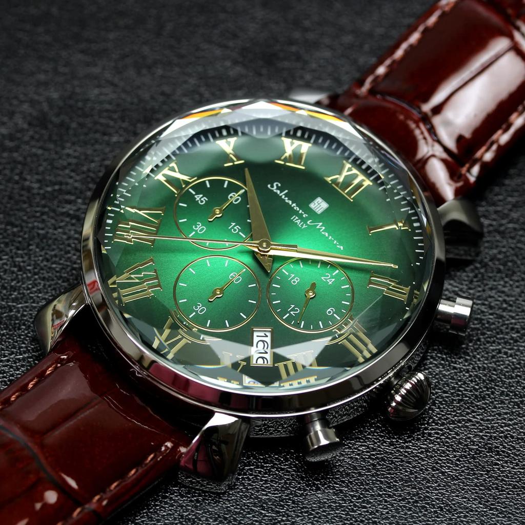 Salvatore Marra Chronograph Watch with Faceted Green and Men's Glass, Brown, SM19104-SSGRGDBR