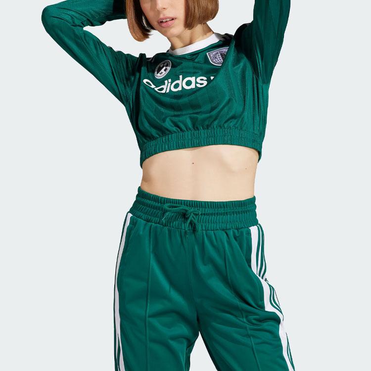 Adidas Originals Trefoil Long Sleeve Crop Tee Letter Logo Print Stripe Spliced Sports Women Tops Forest-Green IR9803