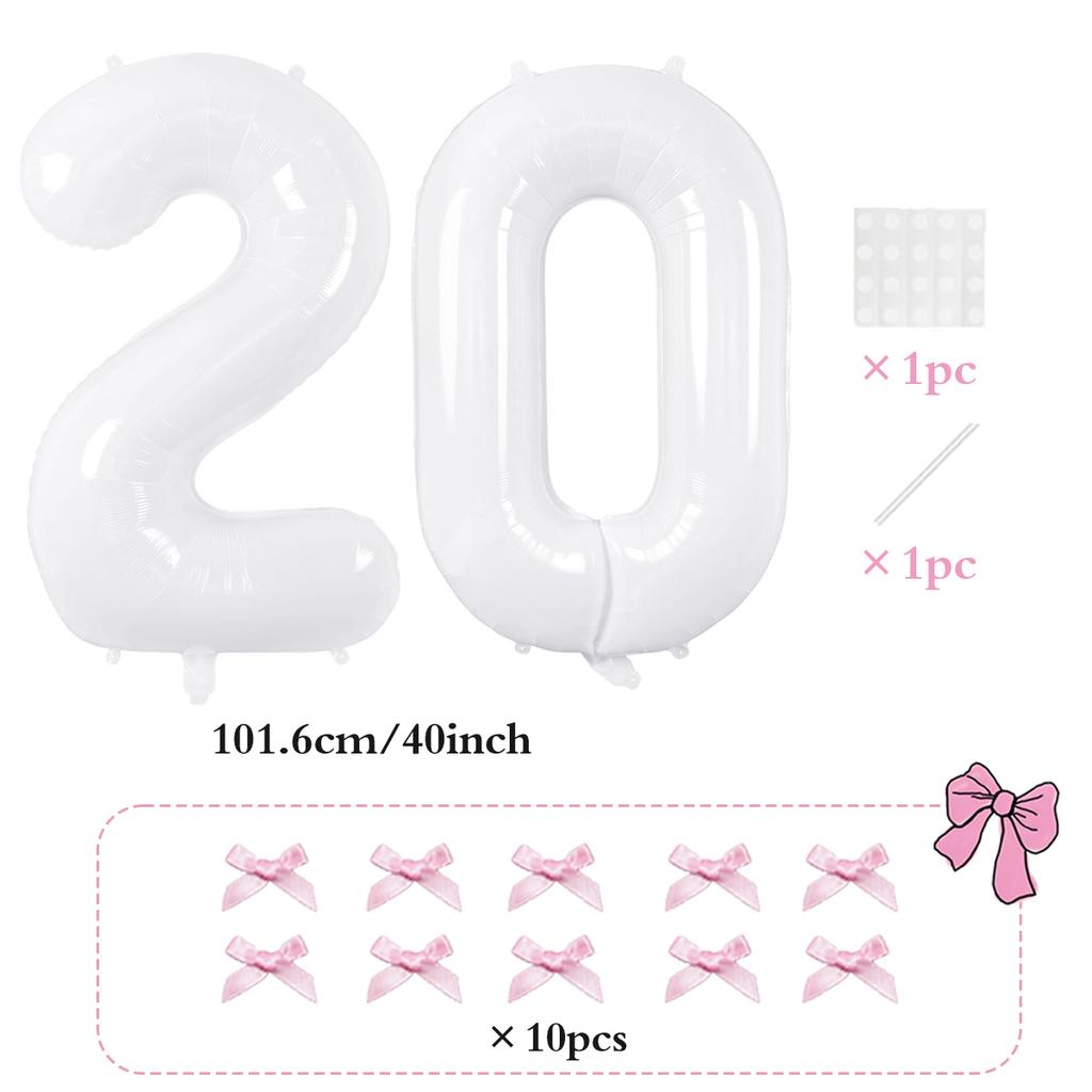 2pcs101.6cm Pink Bow Decoration White Digital Balloon for Birthday Anniversary Wedding Graduation Season New Year Decoration