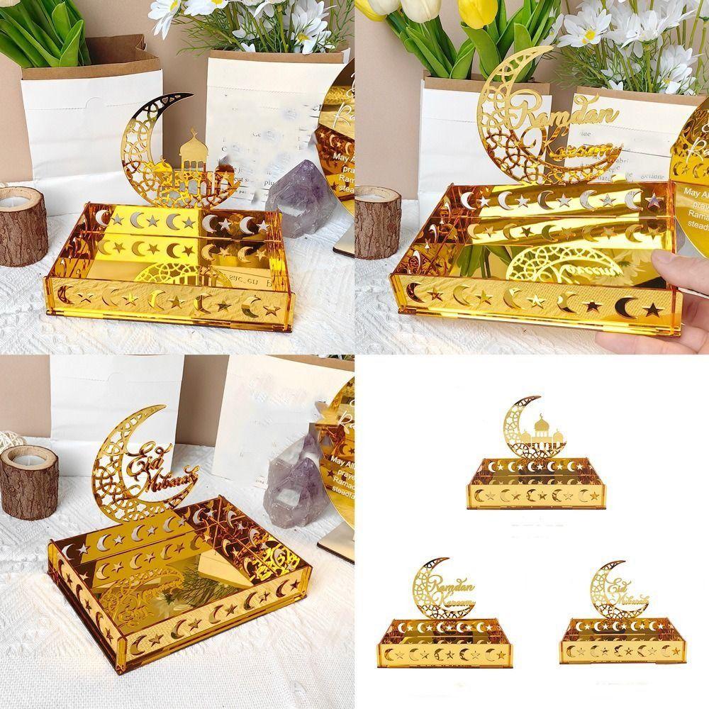 Gold Eid Mubarak Dessert Tray Acrylic Carving Ramadan Moon Star Plate Tray Hollow Moon Star Party Candies Pastries Tool