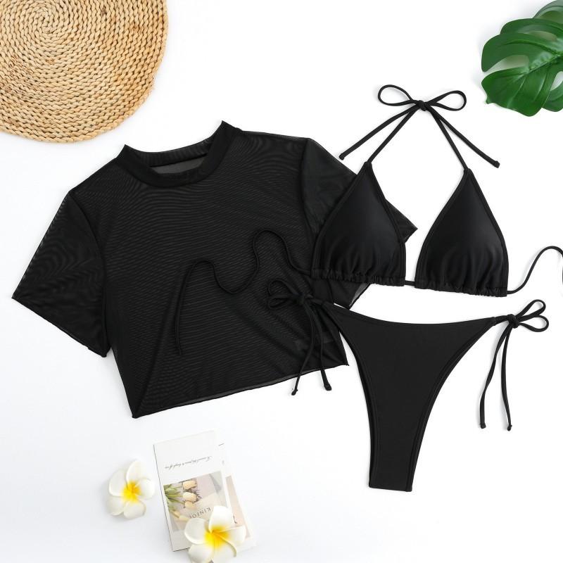 

Sexy Solid Color Beach Fashion Women s Three-piece Set Lace BikinI Swimsuit S чорний