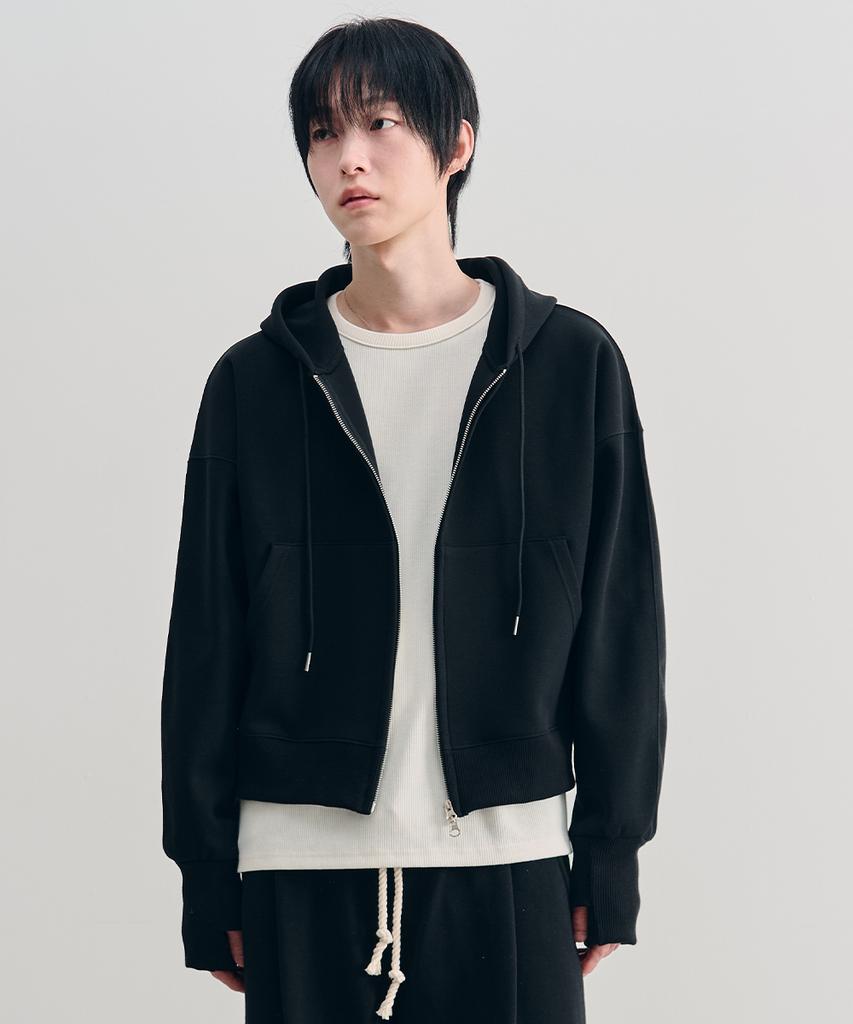 Arrayed Combine Crop Fingerhole Zip-Up Hoodie [Gray]