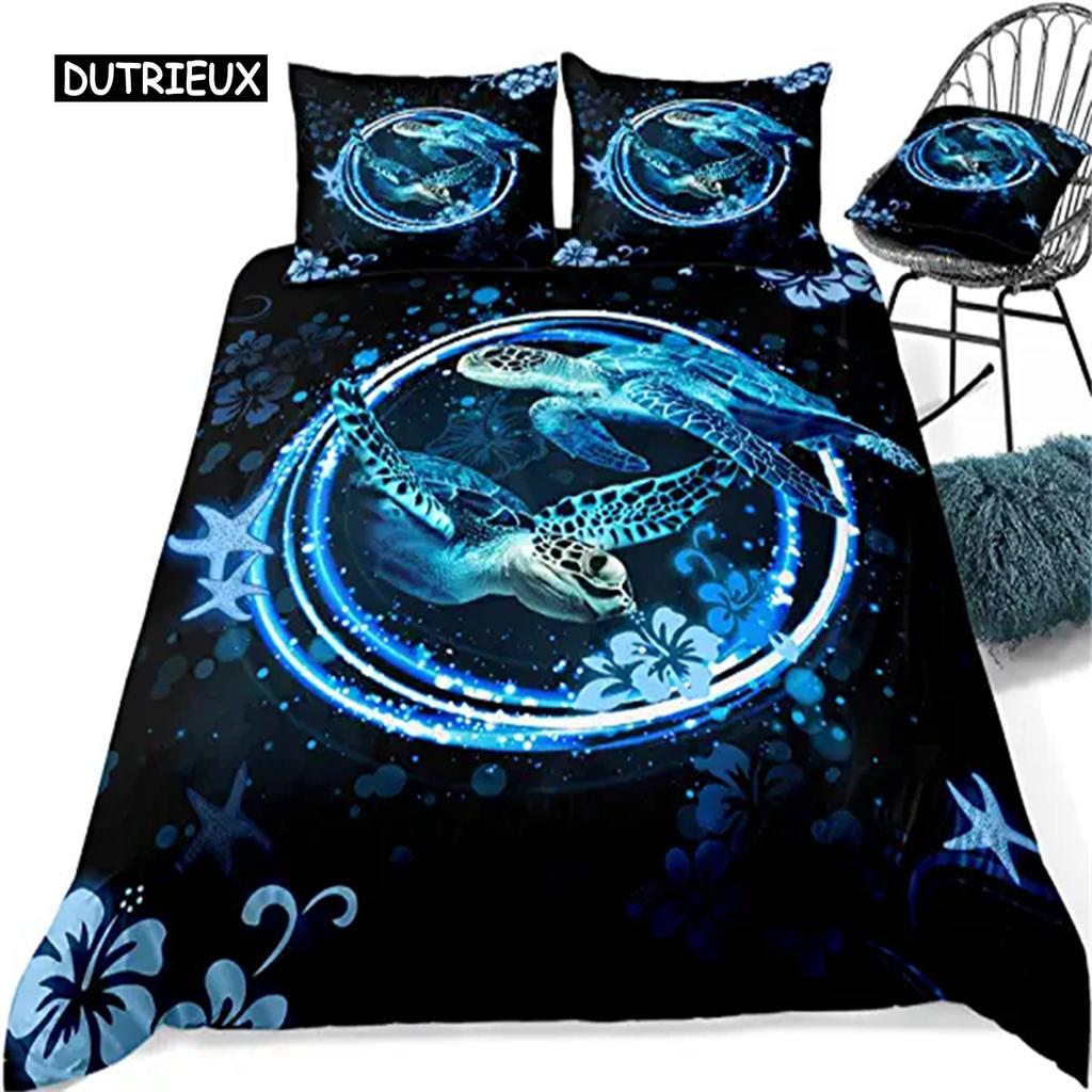 Sea Turtle Duvet Cover Green Blue Ocean Bedding Set Colorful Underwater World for Kids Child Women Nautical Sea Animal Reptile