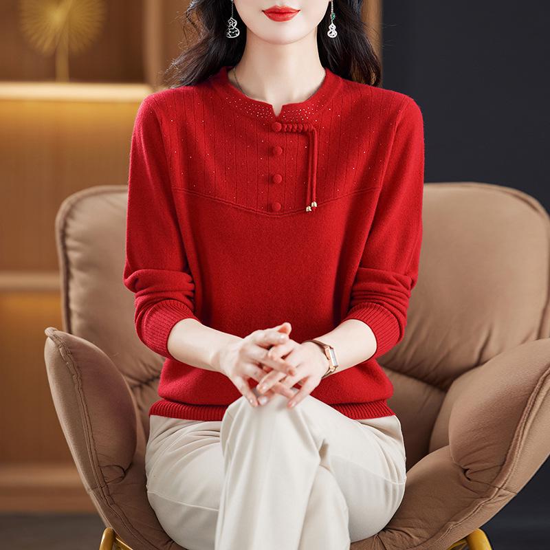 

Elegant Plus Size Chinese Style Wool Sweater for Middle-aged and Elderly Women - Autumn/Winter Knitwear L (suggested 100-115 jin) яскраво-червоного кольору