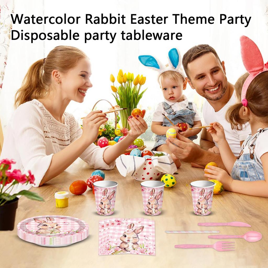 90 Pc Watercolor Easter Themed Party Paper Plates Paper Cups Tissue Paper Straws Disposable Party Tableware Decorations