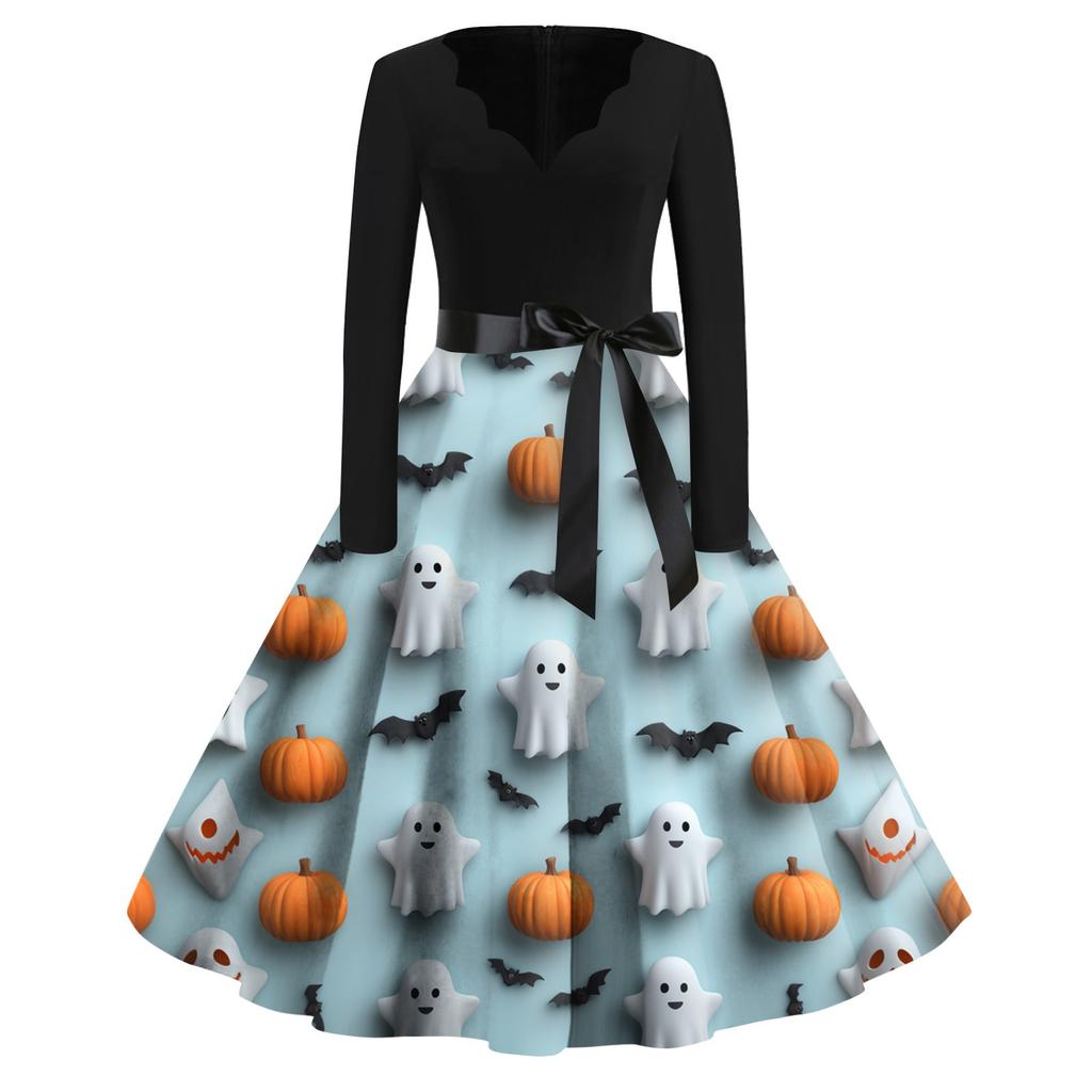 Women's Casual Fashion Halloween Printed V-Neck Vintage Dress