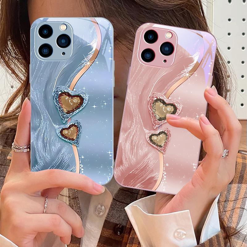 Amber Double Love Für IPhone 16 Pro Max 15 Pro 14 13 12 Mini 11 XS Max XR 7 8 Plu SE 2022 Hartglas Handyhülle