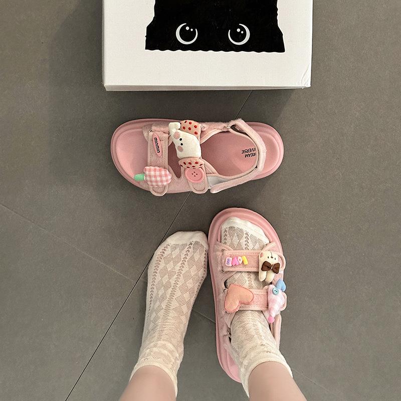 Fashion Cute Cartoon Bear One-word Buckle with Velcro Sandals Women's Summer New Beach Cool Slippers