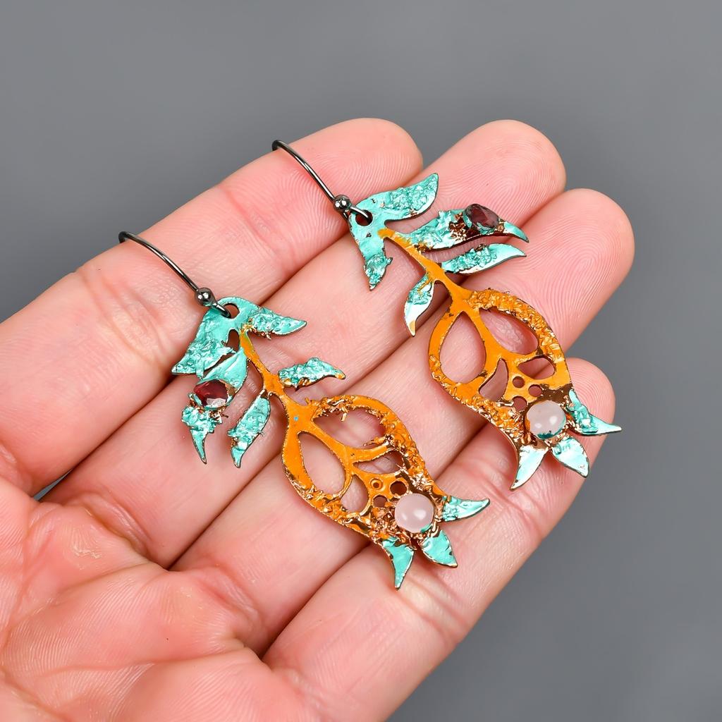 Rose Quartz Stone Silver Plated Hook Multi Electroformed Dangle Drop Earrings V-96