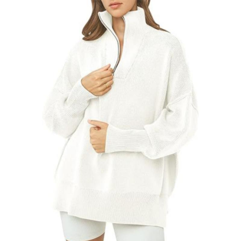 

Женский свитер на молнии с V-образным вырезом, повседневный свитер, свободный однотонный трикотажный топ в стиле ретро M белый