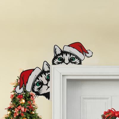 1pc Christmas Cat Door Frame Decoration - Santa Hat Cats with Green Eyes, Artificial Wood Indoor/Outdoor Holiday Decor