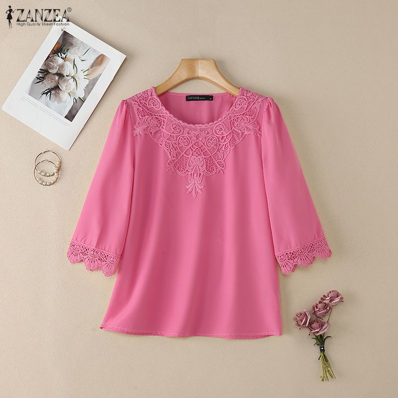 ZANZEA Women Crochet Patchwork Round Neck Casual Half Sleeve Blouse