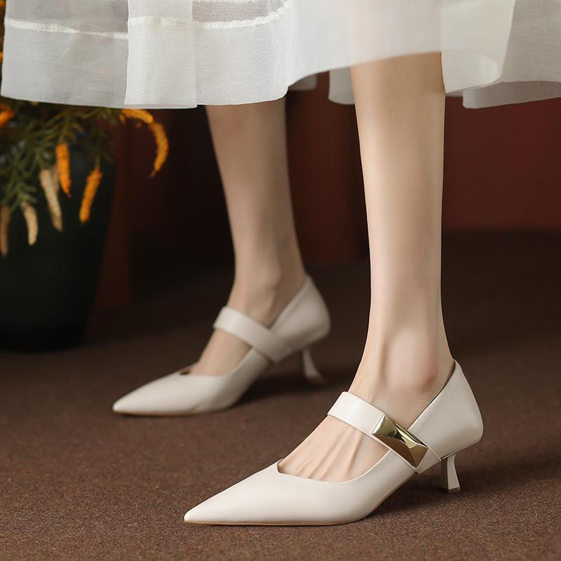 

One-word buckle with pointed toe single shoes women s spring shallow mouth temperament stiletto high heels French Mary Jane commuter work shoes 40