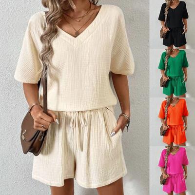 Women's Vacation Fashion Casual Suit Solid Color Summer Shorts and Shirt Two Piece Sets Lapel Shirt Sexy Slim Swimming