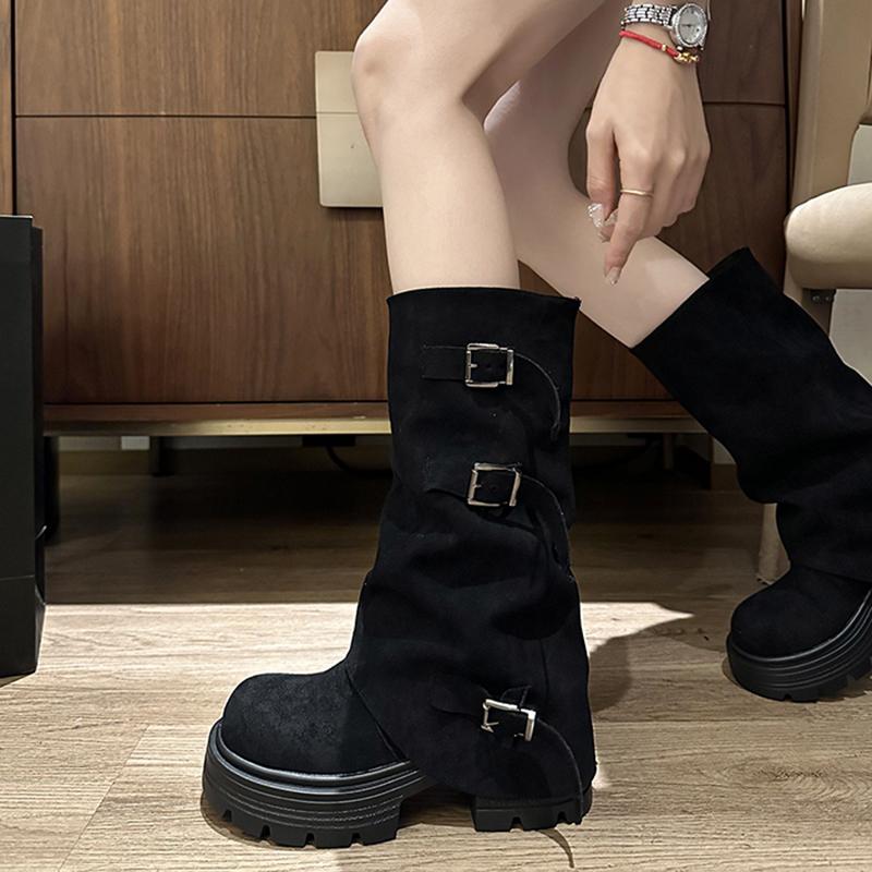 Fashion Winter Fashion Platform Thick Heel Woman Knight Boots Fashion Belt Buckle Slip On Mid Calf Booties