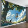 Mädchen Schaukel Baum Katze Blumen Wandteppich Ruhige Naturszene Wandbehang 2D Flachdruck Hintergrund für Entspannende Heimbüro Dekoration