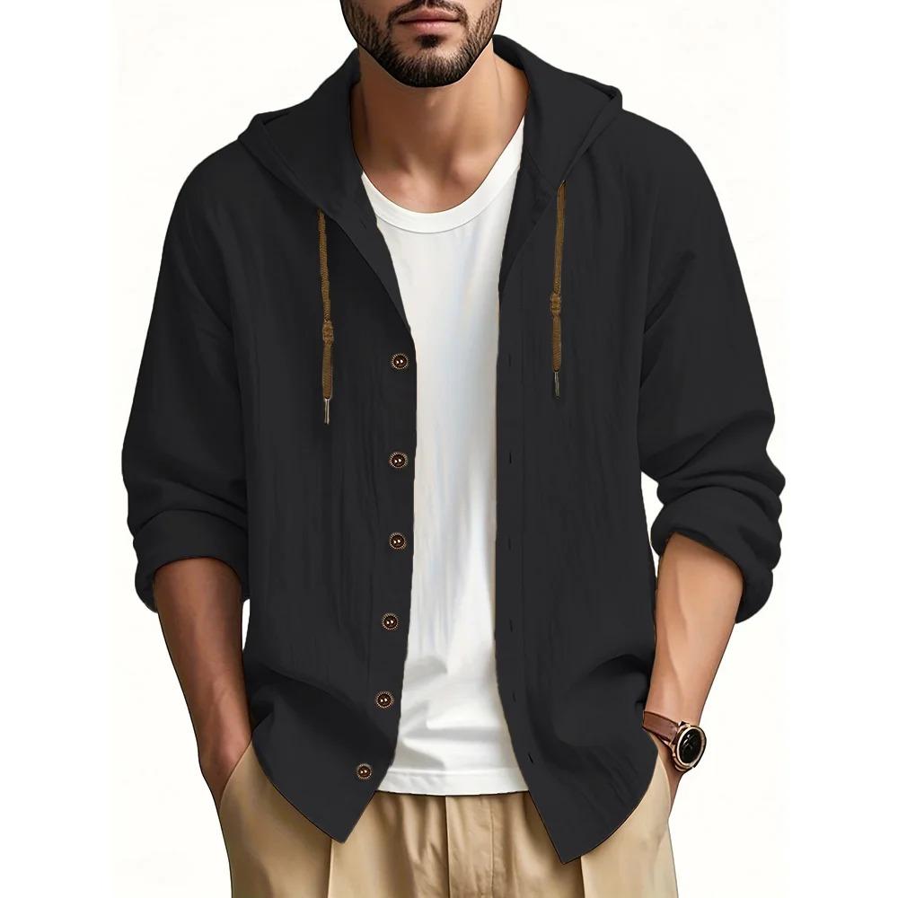 

Male Cotton-Linen Hooded Sweatshirt Autumn Essential Lightweight Pullover Breathable Casual Shirt Men s Streetwear Top for Vacation Comfort S чёрный