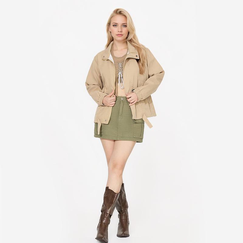 Jachetă de damă cu revere, largă, culoare uni, cu fermoar, mâneci lungi