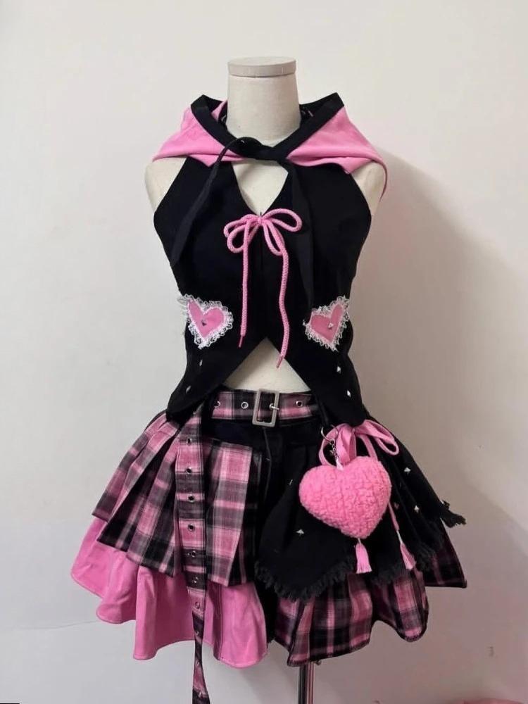 Japanese Sweet Elegant Women's 2 Piece Sets Design Lace Patchwork Y2k Tops Shorts Skirts Fashion Female Punk Outfits New 2025