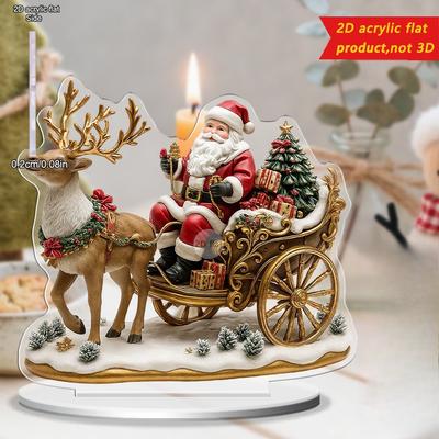 2D Flat Acrylic Santa Claus & Reindeer Sleigh Christmas Tabletop Decoration, Presents & Wreath, Suitable for Wall Decoration, Porch, Room, Villa, Acce
