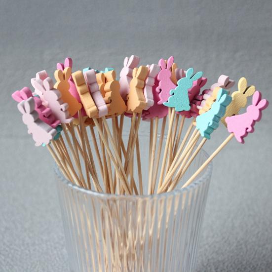 100PCS Bamboo Fruit Tags, Cute Cute Easter Bunny Decor, Multi-Color Disposable Skewers for Fruits Barbecue Cakes Cocktails