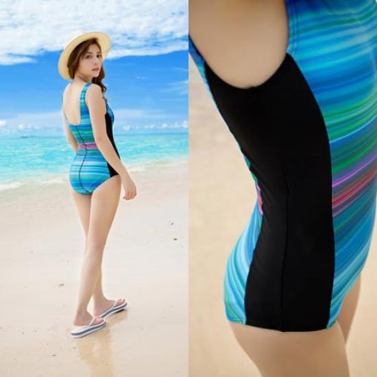 Swimsuit Striped Competitive Available in 3 Sizes S to LL [KOUKOUCOCO] Women's One-Piece Swimsuit, Swimsuit, Colors, (JP, Alphabet, LL, Blue)