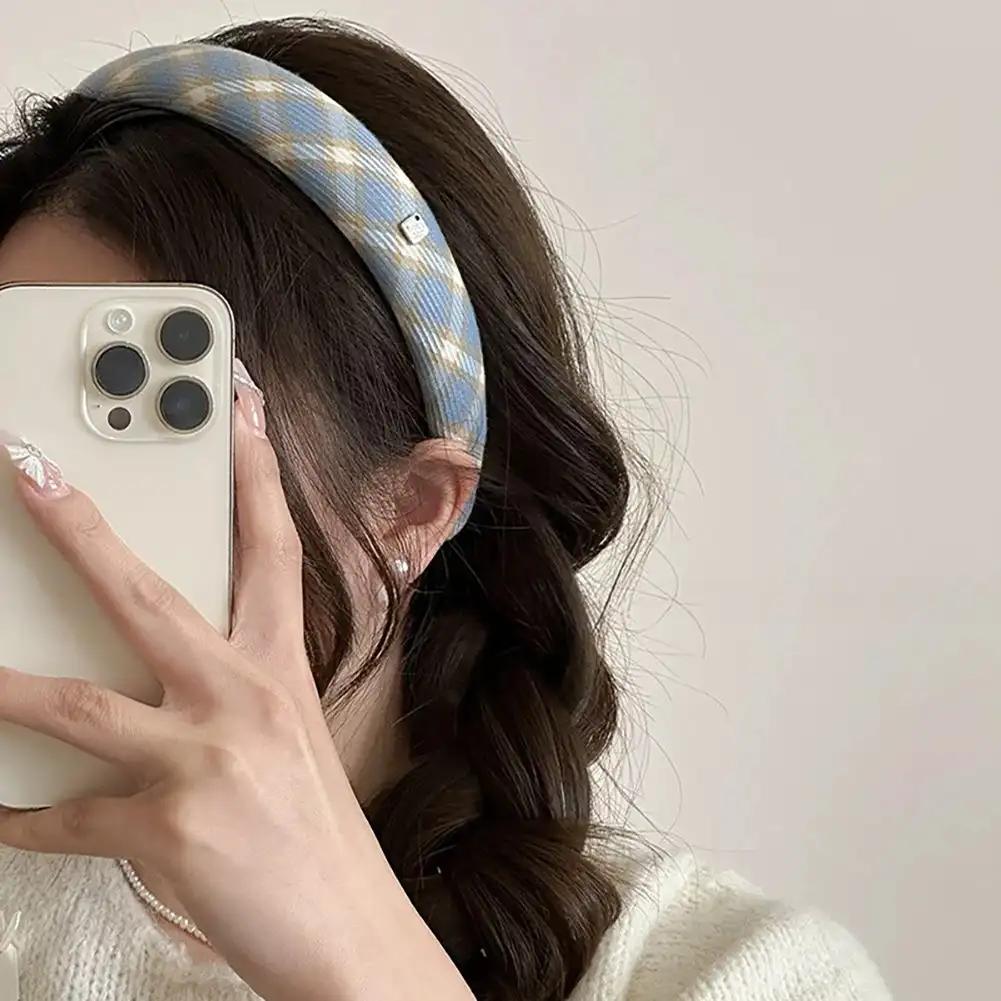 Spring Summer Women Solid Color Head Hoop Set Princess Girls Sweet Plaid Cloth Headbands for Children Daily Headpiece