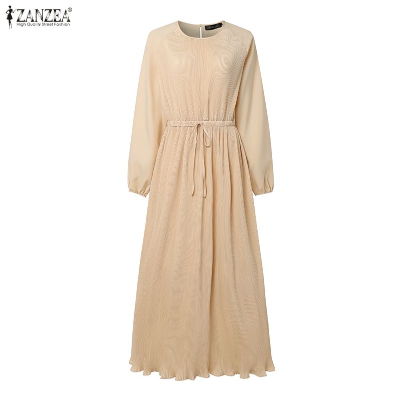 ZANZEA Abito casual da donna con scollo rotondo e maniche lunghe, ampio e plissettato