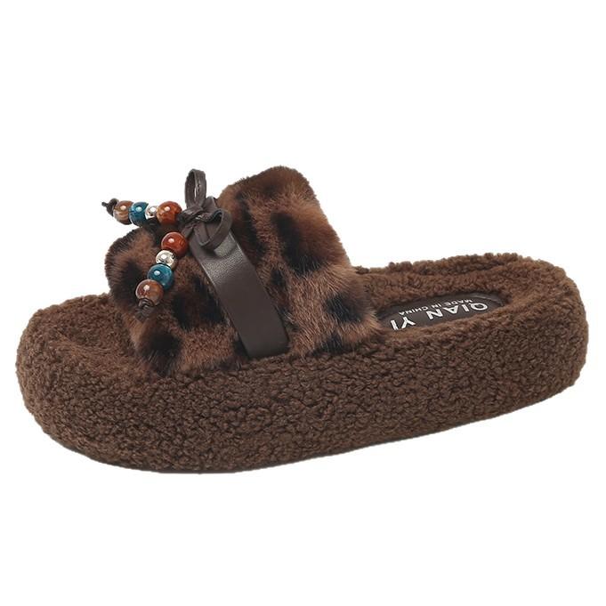 Internet celebrity retro fringed fluffy slippers women's 2025 autumn new wear versatile casual soft bottom lazy one-word drag