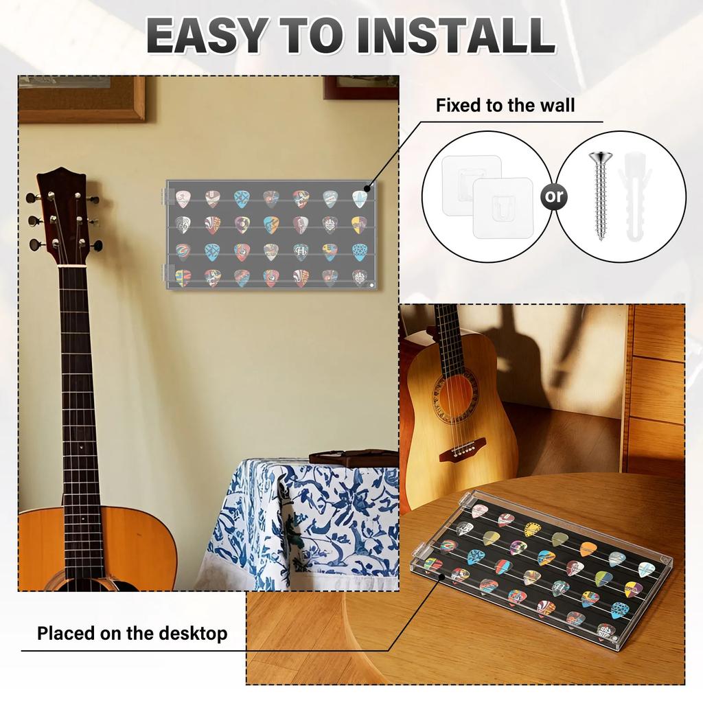 28 Slots Guitar Pick Display Case Acrylic Transparent Guitar Paddle Storage Box with Hook Large Capacity Guitar Pick Organizer