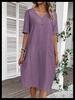 Women V Neck Half Button Midi Dress Short Sleeve Linen Cotton Loose Straight Dress With Pockets Casual Summer Vacation Dress