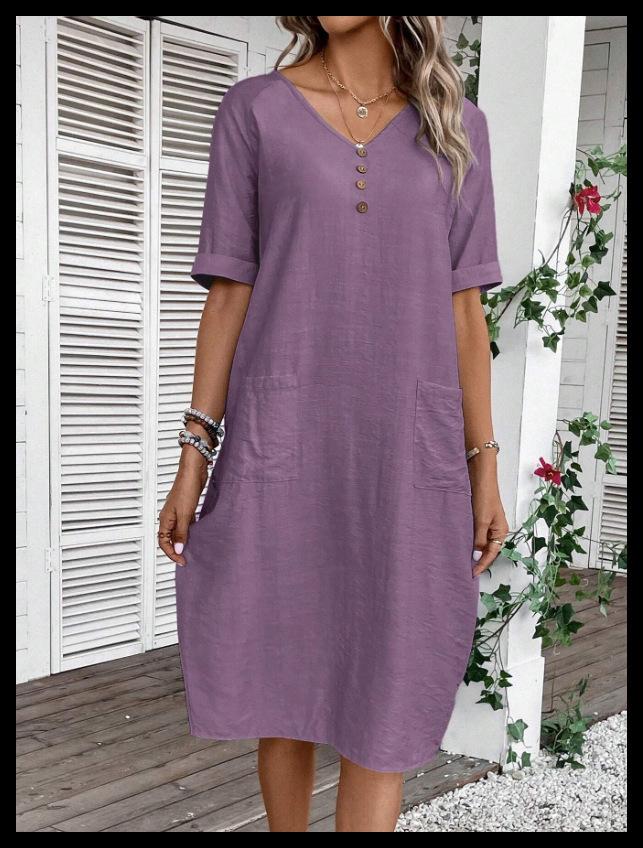 Women V Neck Half Button Midi Dress Short Sleeve Linen Cotton Loose Straight Dress With Pockets Casual Summer Vacation Dress