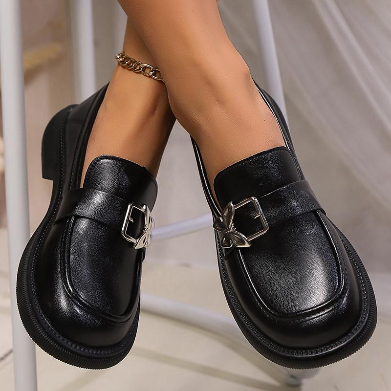 Butterfly Buckle Pu Leather Loafers Women British Style Black Low Heels Work Shoes Ladies  Spring Slip On Casual Shoes 42