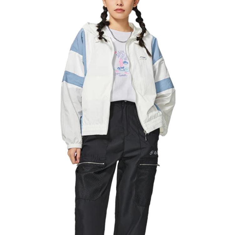 Li Ning Logo Embroidered Color Block Hooded Long Sleeve Jacket Women Jacket Blue AFDT532-1