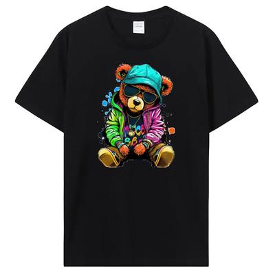 Teddy Bear Playing Badminton T-shirt Cotton Clothing Tops Graphics Kawaii Men Women Short Sleeve Print TShirt Fashion Streetwear