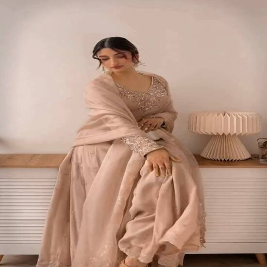 Embellished Anarkali Suit with Dupatta - Available In Beige and Pistachio Green