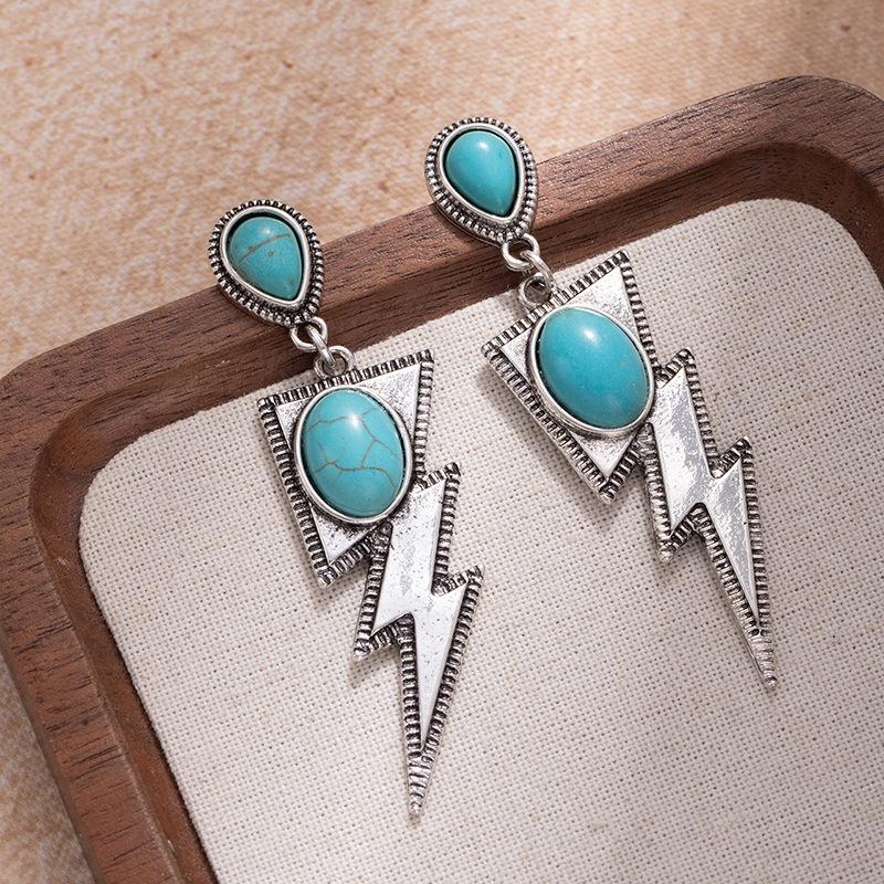 Western Style Turquoise Earrings, High-End Exaggerated Temperament Lightning Earrings, Retro Bohemian Earrings