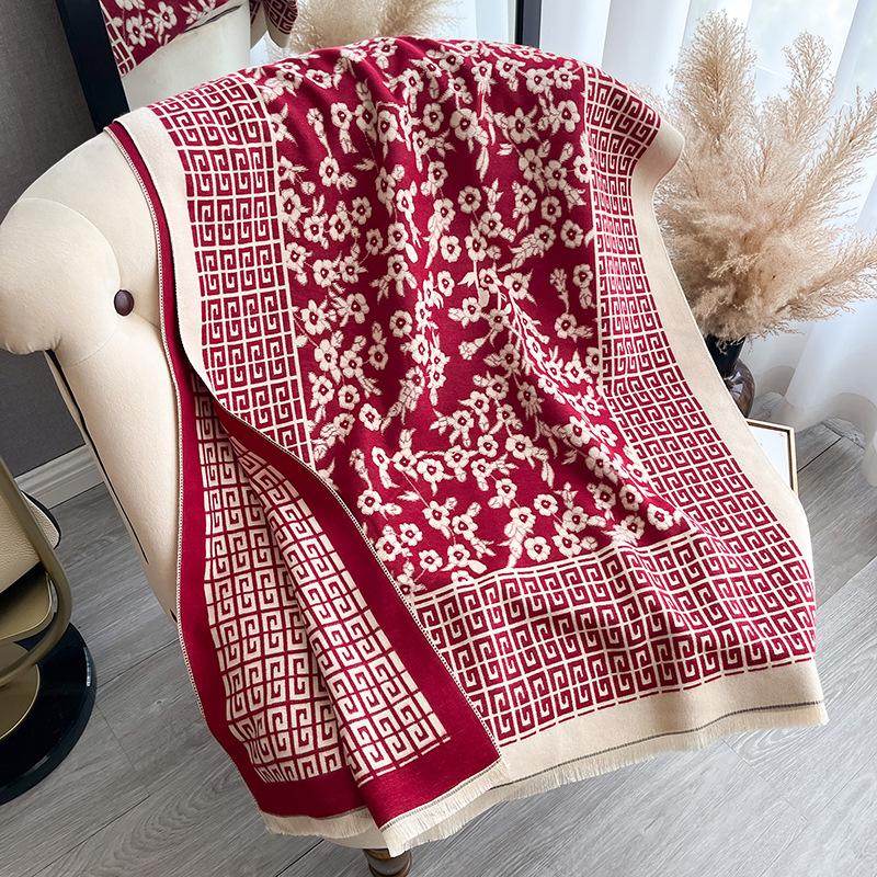 Versatile Pattern Printing Double-Sided Imitation Cashmere Scarf Winter High-End Warm Shawl Women